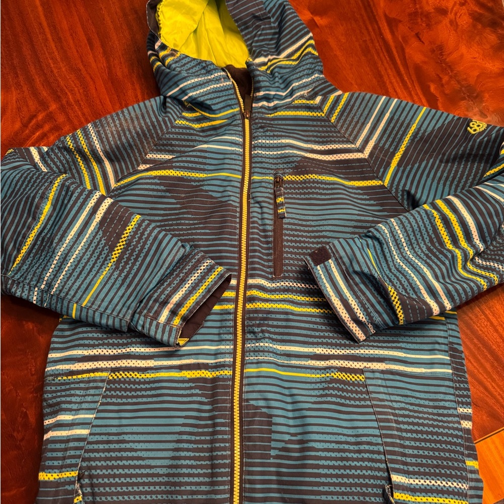 Boys XL 686 Ski or Board Jacket - Striped Blue and Yellow with Hood